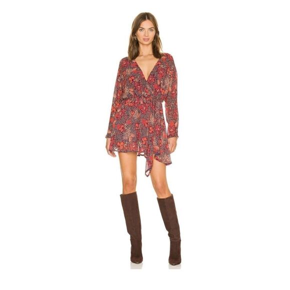 Free People Teegan Mini Dress Floral Print Orange Red Oversized Sz S NEW! - Picture 2 of 8